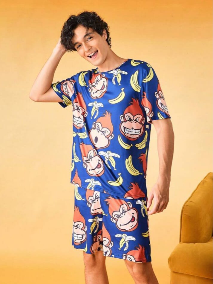 DEEP-SLEEP Cute Cartoon Monkey & Banana Print Sleepwear Set